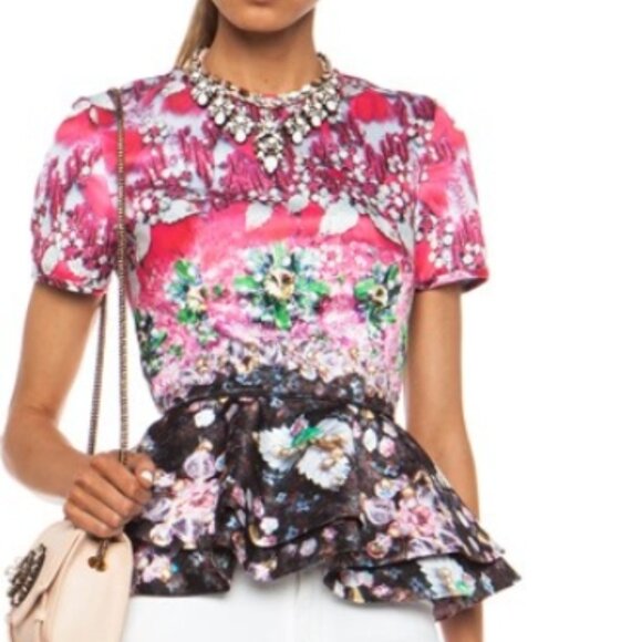 Mary Katrantzou Pompei Pink Floral Print Crew Neck Blouse Size: M (Orig. $1690) - Picture 2 of 8